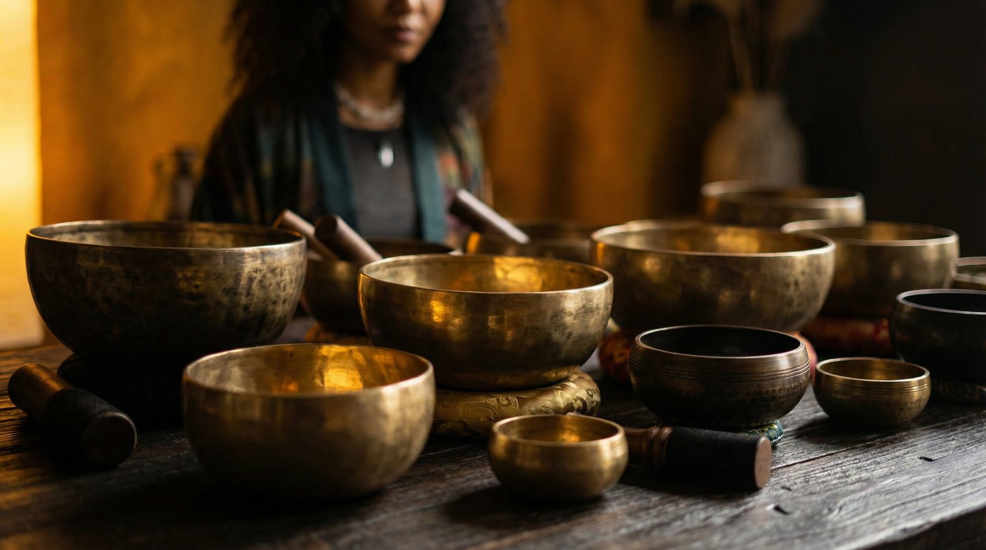 Singing bowls in warm golden light