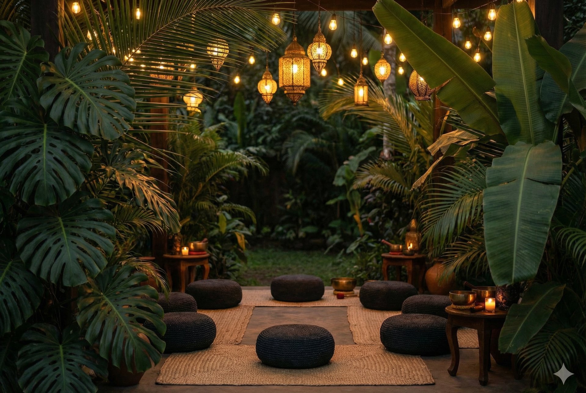 Tropical event space with plants and lanterns
